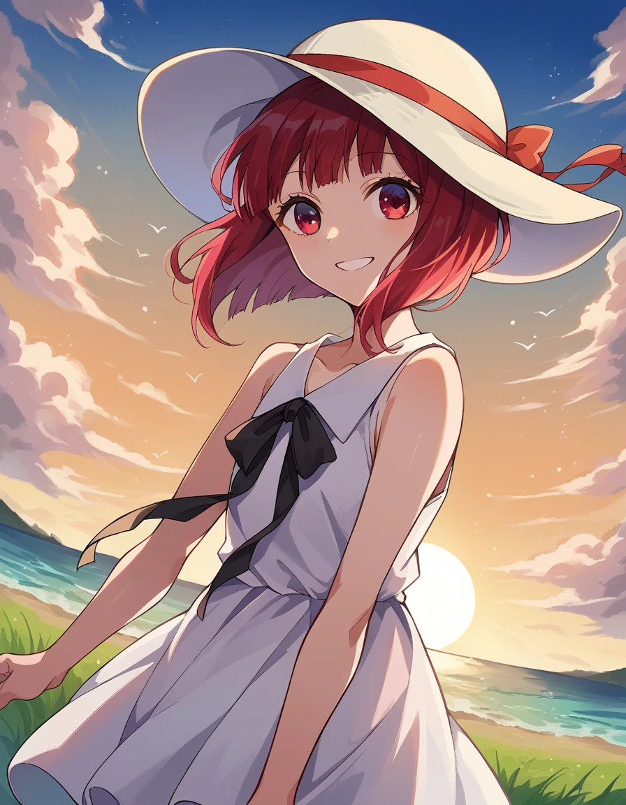 score_9, score_8_up, score_7_up, source_anime,
kanaarima, <lora:kanna-arima-ponyxl-lora-nochekaiser:1>,
kana arima, short hair, bangs, red eyes, red hair, bob cut, sun, smile,
hat, dress, ribbon, sleeveless, white dress, sleeveless dress, white headwear, sun hat, sundress,
outdoors, wind, ocean, grass, clouds, sun,
looking at viewer, cowboy shot, dutch angle,