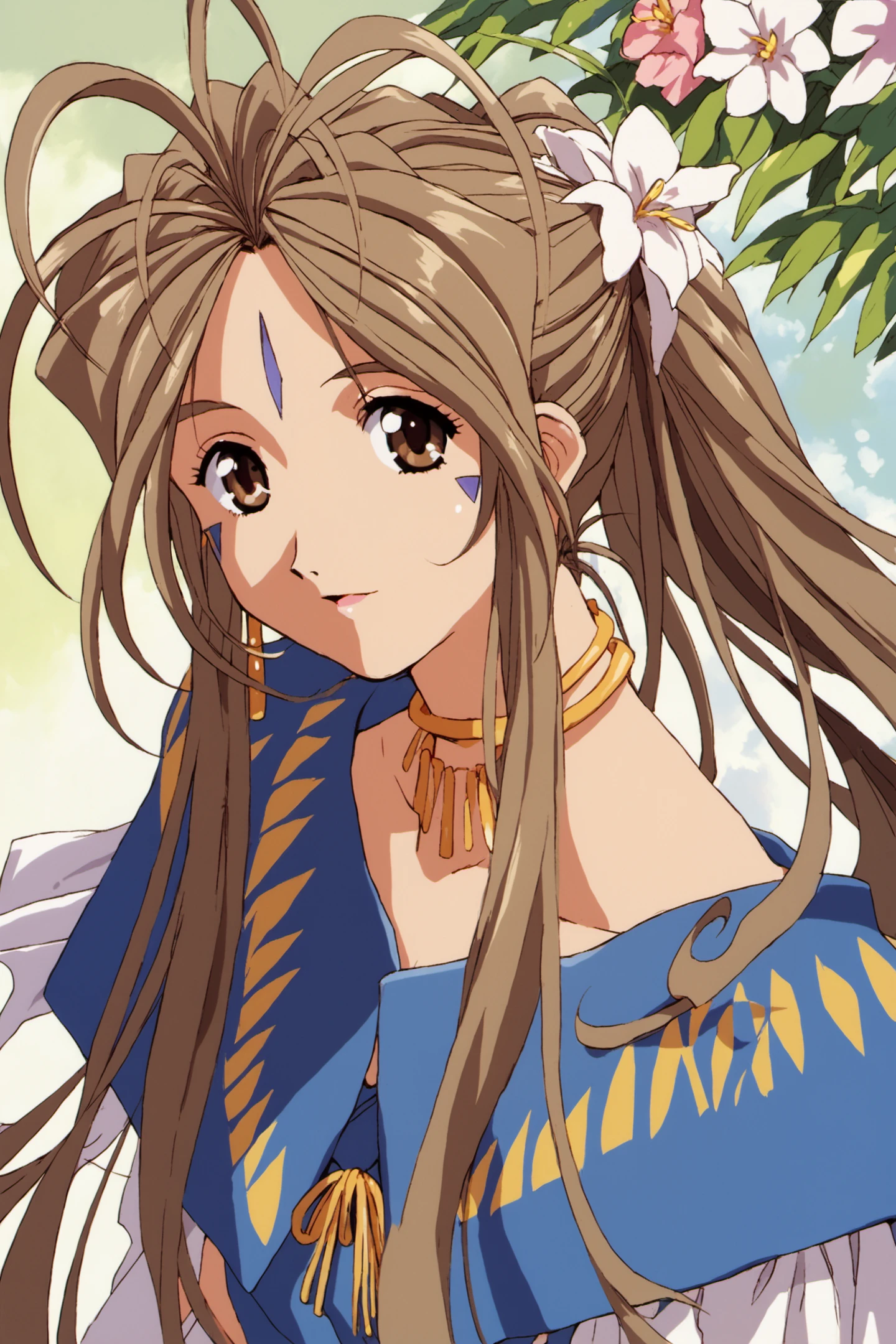 Belldandy,1girl,solo,long hair,forehead mark,facial mark,flower,brown hair,jewelry,earrings,ponytail,1990s (style),retro artstyle,brown eyes,score_9,score_8_up,<lora:Kosuke Fujishima_XL_PONY_OM:0.9>,