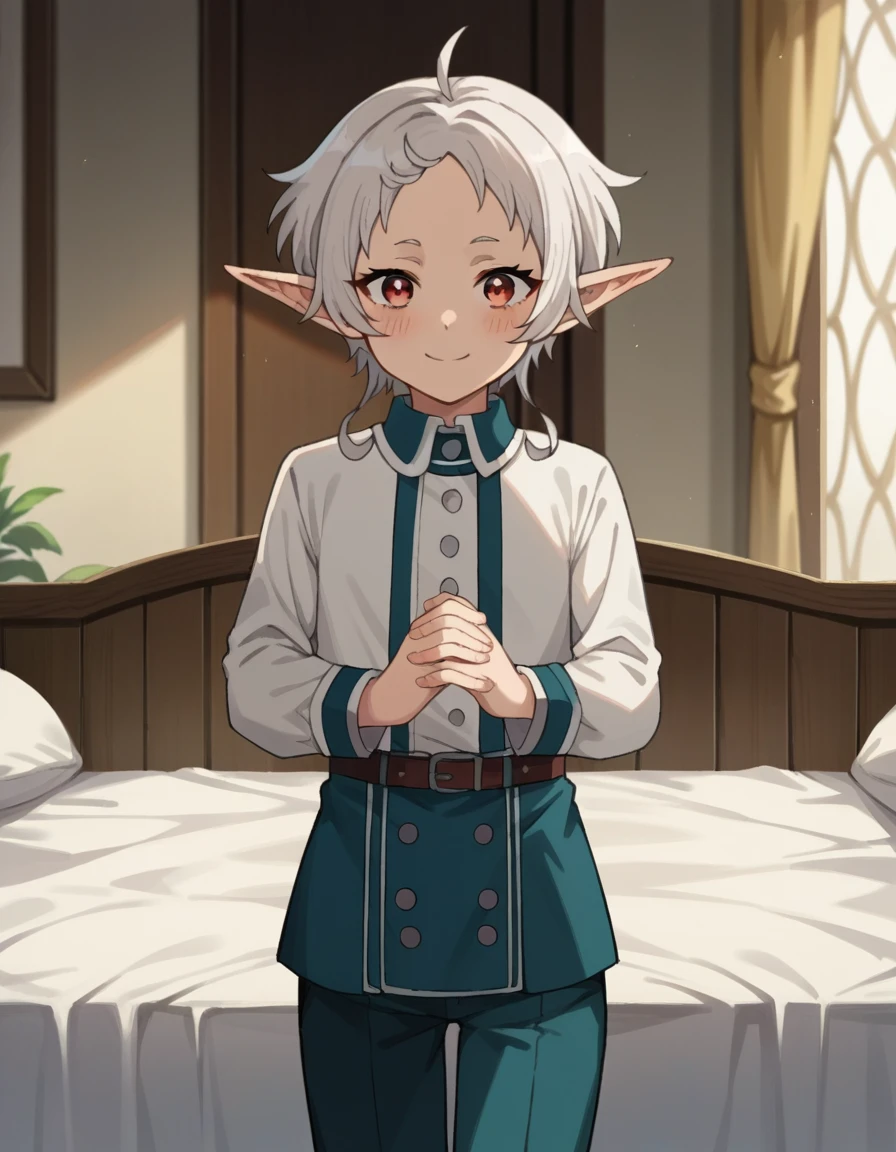 score_9, score_8_up, score_7_up, source_anime,
sylphy, <lora:sylphiette-ponyxl-lora-nochekaiser:1>,
sylphy, short hair, ahoge, white hair, pointy ears, elf, blush, smile,
red eyes, long sleeves, boots, pants, uniform, shirt, white shirt,
indoors, bed, bed room,
looking at viewer, cowboy shot,