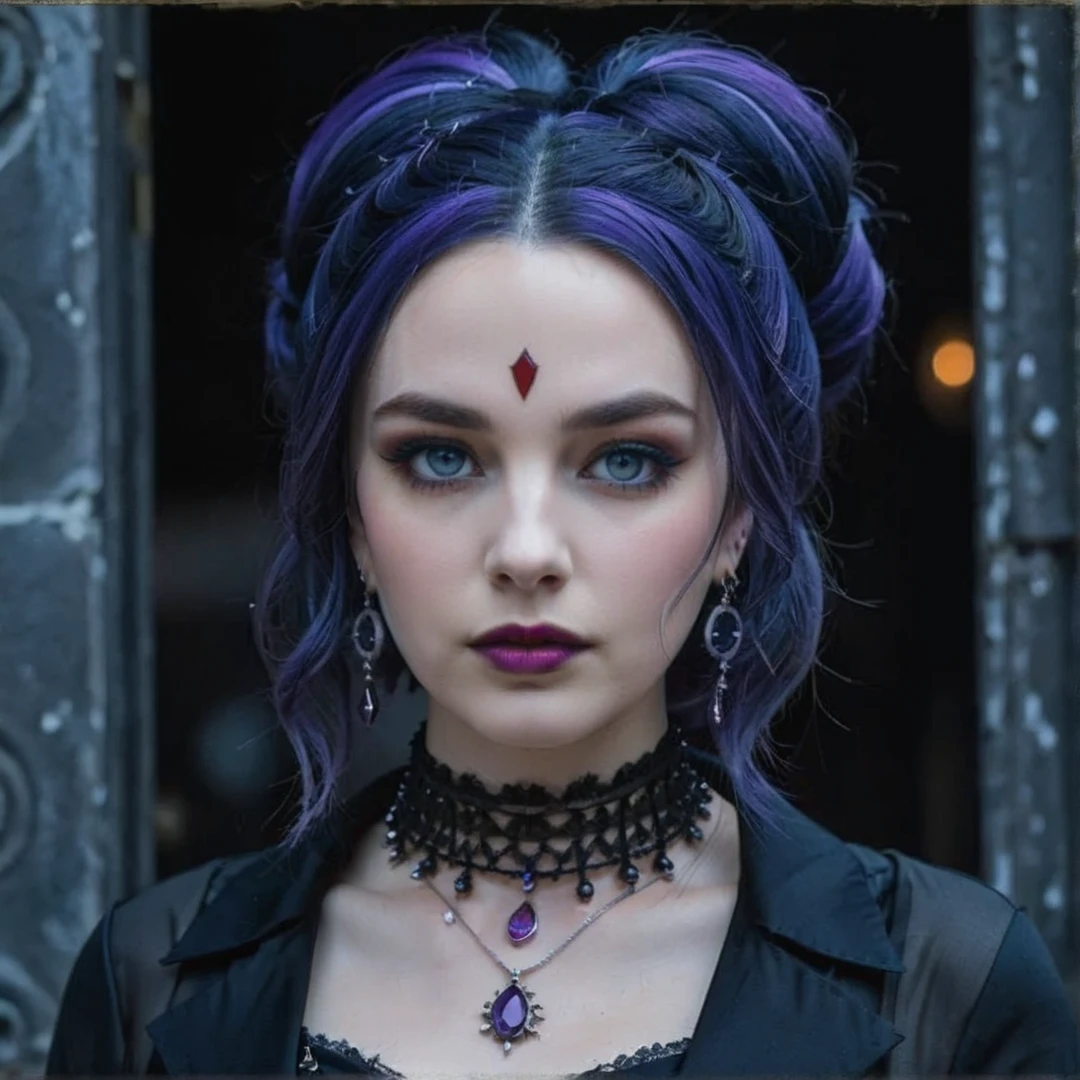 <lora:add-detail-xl:3> (RachelRoth), (gothic rendition, dark, macabre, highly detailed, brooding:1.15), focus on eyes, close up on face, wearing jewelry, bright lavender indigo color hair styled spiral bun,<lora:RachelRoth_XL:0.5>