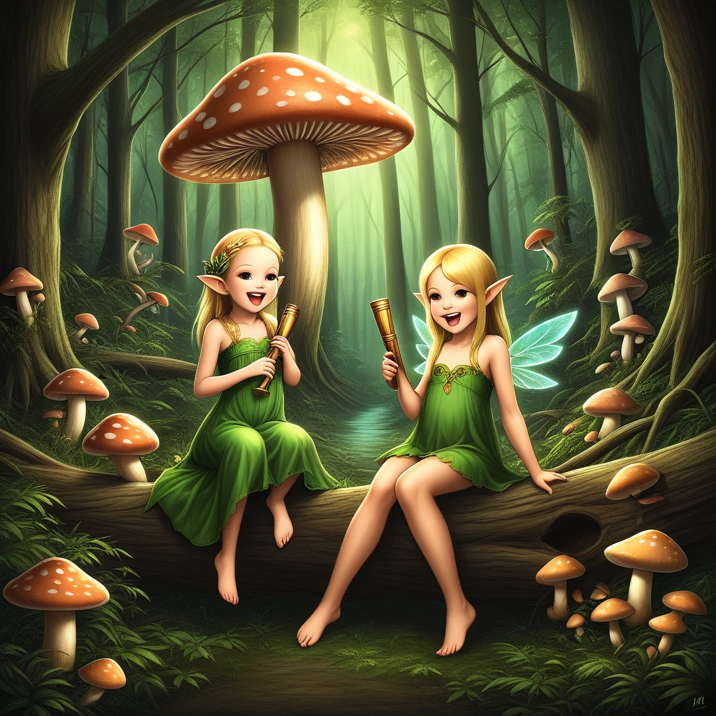 rating_sfw, source_FANTASY, mystical forest creature, surrounded by ancient trees, a child of the forest (1girl, short, blonde, elf ears, wearing a green dress, sitting atop a large mushroom, legs dangling, laughing as she plays a flute, woodland animals gathered around, eyes glowing with wonder), shimmering wings, aura of magic