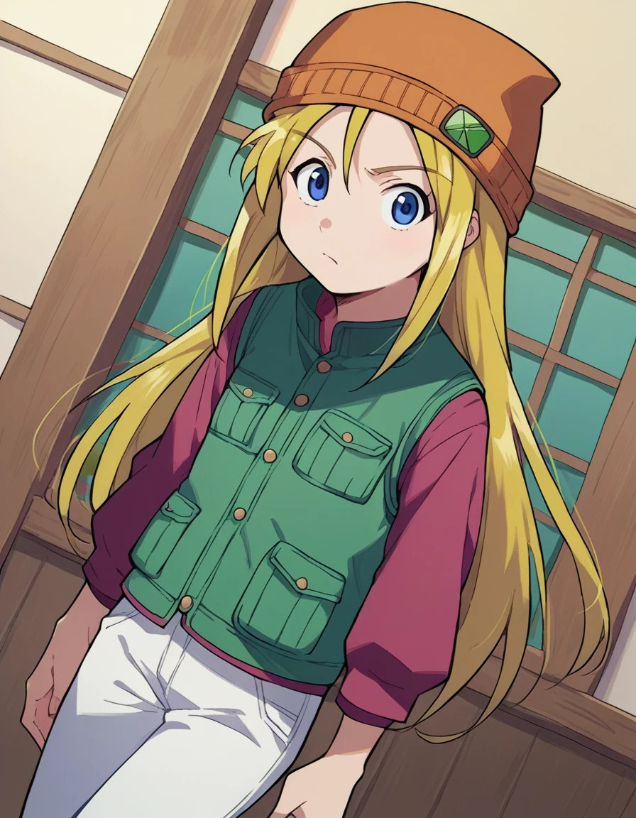 score_9, score_8_up, score_7_up, source_anime,
sarahmcdougal, <lora:sarah-mcdougal-ponyxl-lora-nochekaiser:1>,
sarah mcdougal, long hair, blue eyes, blonde hair,
hat, beanie, vest, green vest, longsleeves, pants, white pants,
indoors,
looking at viewer, dutch angle, cowboy shot,