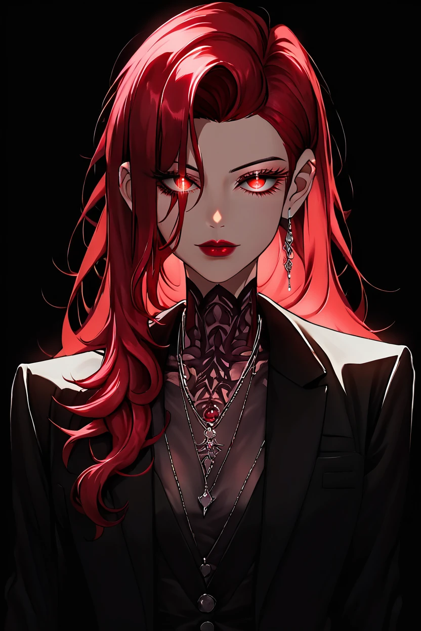<lora:KuroCAT_Style:1>, high resolution, highly detailed, perfect lighting, beautiful detailed eyes, upper body, black background, 1girl, solo, looking at viewer, necklace, black jacket, formal, suit, black background, red lips, hair behind ear, long red hair,