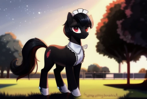 <lora:pony_maker_v10_style-000005:1> score_9, score_8_up, score_7_up, score_6_up, score_5_up, score_4_up, (((feral pony))) (masterpiece), (raytracing), (cinematic lighting), triadic lighting, High Definition, light particles, fluffy:1, (masterpiece, best quality:1.1), ((fluffy tail)), (((perfect anatomy))), (my little pony:1.5), (((smooth fur))), (((my little pony:1.5))), ((((long black hair))), (((red highlight's:1))), (((dark gray fur:1.5))), (((red eyes))), ((smooth fur)), (((maid outfit))), (((park)))