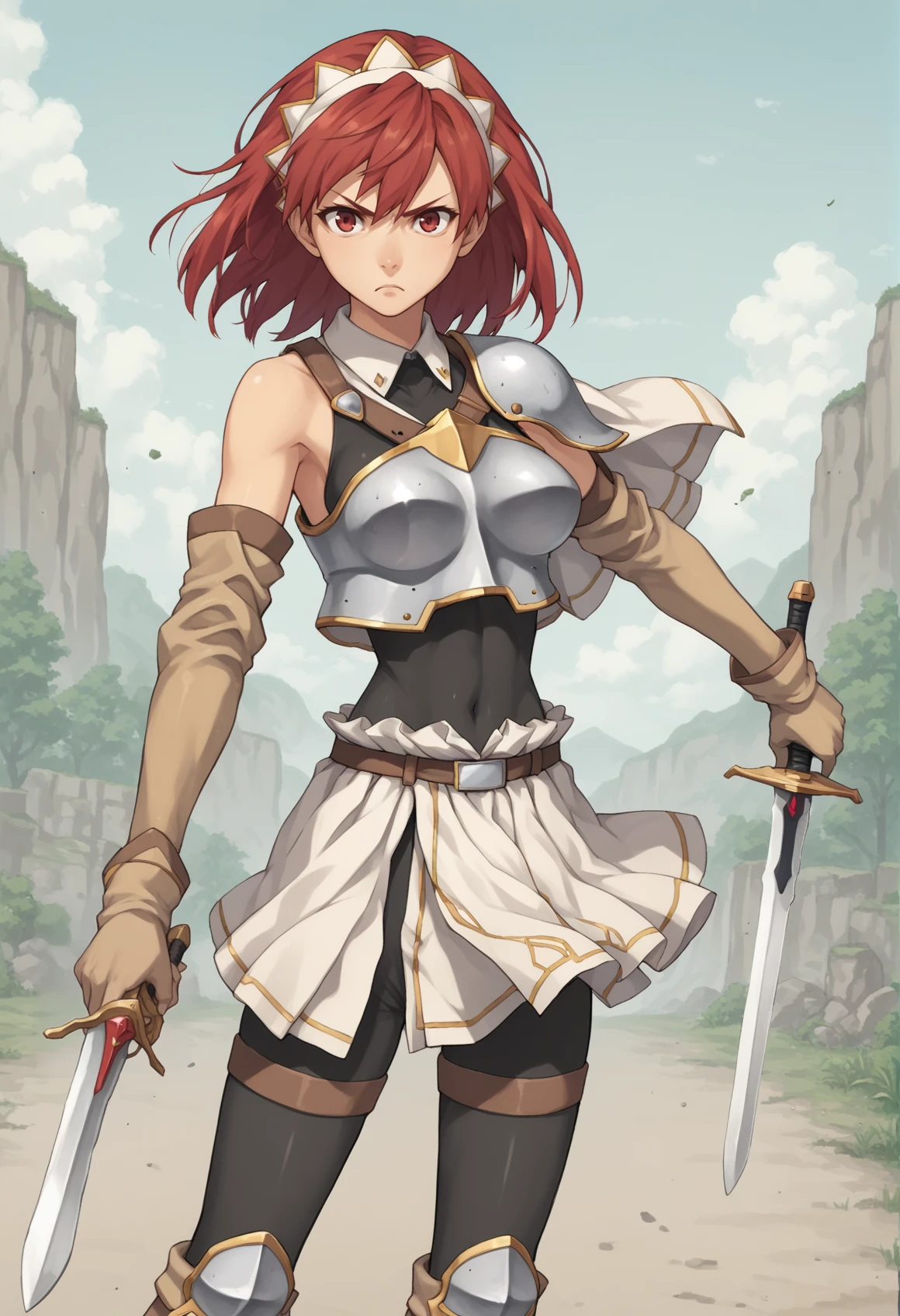 1girl, solo, red hair, red eyes, short hair, headdress, serious, bodysuit, skirt, collar, breast plate, single shoulder pad, elbow gloves, black thighhighs, boots, greaves, standing, outdoors, fighting stance, holding sword <lora:Cecily XL:1>, score_9, score_8_up, score_7_up, score_6_up, score_5_up, score_4_up, BREAK source_anime, masterpiece