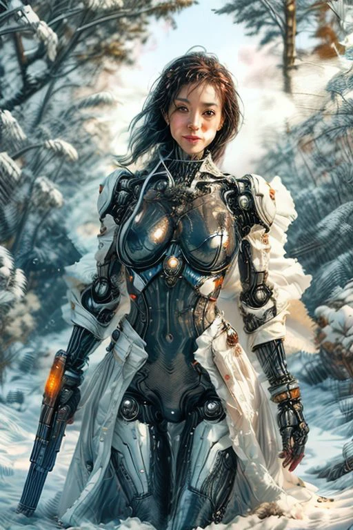 excellent image focus,super modern,artificial intelligence,in a robotic body,the robotic parts are shiny and shiny,full-length,fulfills the function of personal security, beautiful face,a charming smile,smooth and proportionate face, glossy and shiny,sparks in the eyes, sexy expression,(((weapon))) (((pistol)), rifle, submachine gun, machine gun,drives a motorbike