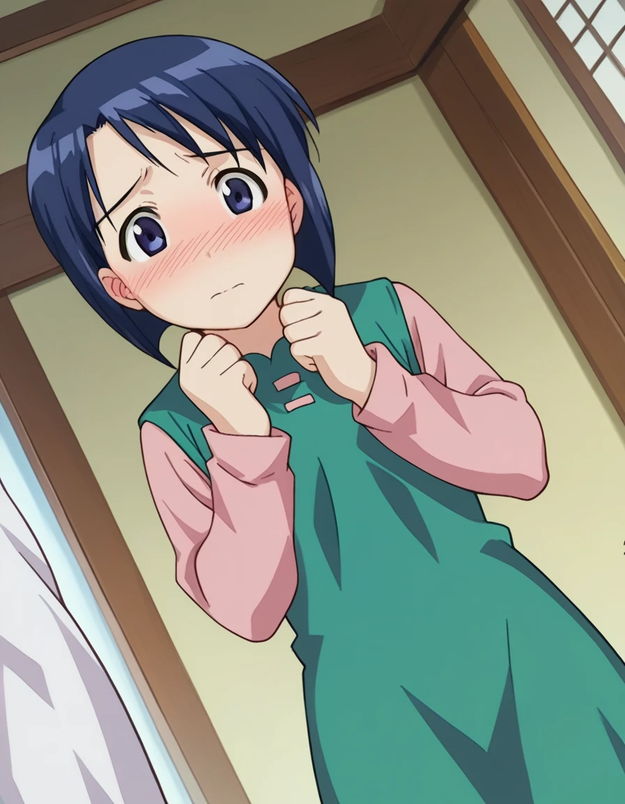 score_9, score_8_up, score_7_up, source_anime,
shinobumaehara, <lora:shinobu-maehara-ponyxl-lora-nochekaiser:1>,
shinobu maehara, short hair, blue eyes, blue hair, embarrassed, blush,
long sleeves, dress, green dress,
indoors,
looking at viewer, dutch angle, cowboy shot,