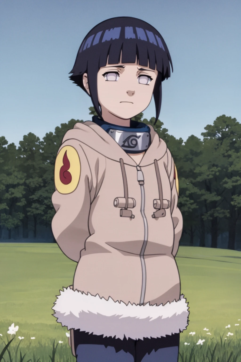 masterpiece, best quality,
1girl, hyuuga hinata, black hair, short hair, white eyes, no pupils, coat, forehead protector, fur trim, konohagakure symbol, long sleeves,
arms behind back, upper body, solo, looking at viewer, grass, blue sky, meadow background
<lora:HinataHyuga:1>