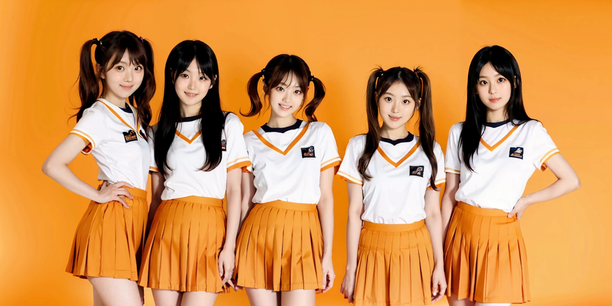 5 women, a photo of five 18-year-old japanese women with different faces and different hairstyles and they are wearing the same clothes, skirt, long hair, brown hair, smile, black hair, looking at viewer, bangs, shirt, hand on hip, standing, short sleeves, parted lips, twintails, socks
<lora:five women_V2:0.8> Orange background, simple background