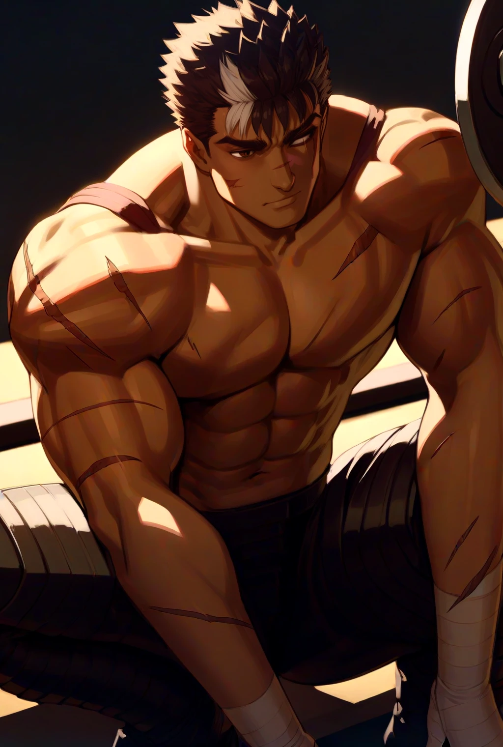 1boy, Guts_Armor, brown eyes, short hair, multicolored hair, spiked hair, scar on nose, track pants, topless, bare shoulders, collarbone, cinematic angle,gym, weightlifting, masterpiece, best quality, <lora:GutsAnimdxlDwnsty:1>, one eye closed, muscular male,