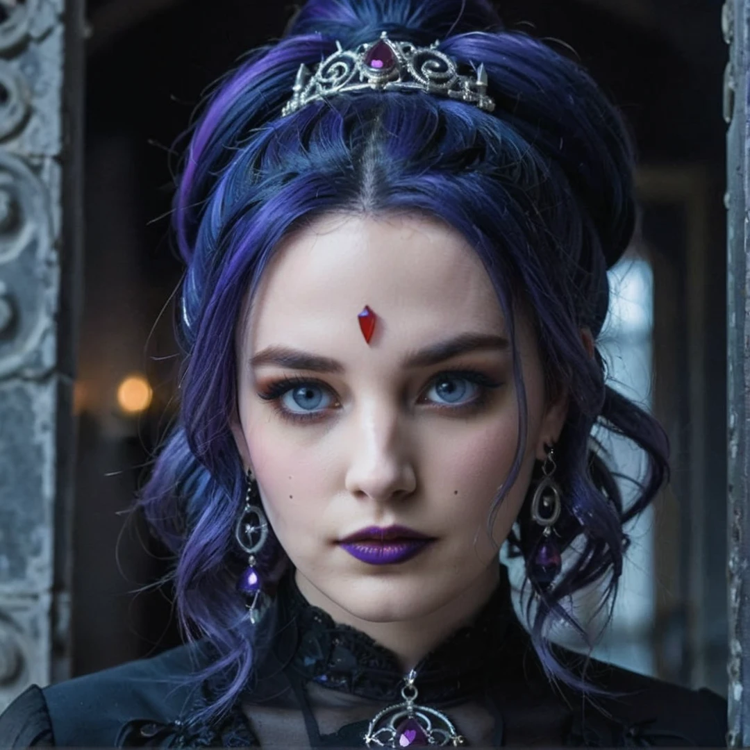 <lora:add-detail-xl:3> (RachelRoth), (gothic rendition, dark, macabre, highly detailed, brooding:1.15), focus on eyes, close up on face, wearing jewelry, bright lavender indigo color hair styled spiral bun,<lora:RachelRoth_XL:0.5>