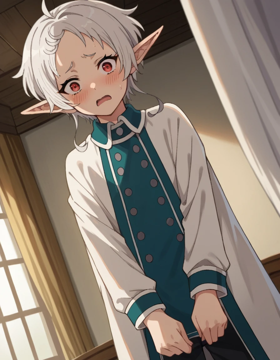 score_9, score_8_up, score_7_up, source_anime,
sylphy, <lora:sylphiette-ponyxl-lora-nochekaiser:1>,
sylphy, short hair, ahoge, white hair, pointy ears, elf, blush, embarrassed, open mouth,
red eyes, long sleeves, boots, pants, uniform, shirt, white shirt,
indoors, bed, bed room,
looking at viewer, cowboy shot, dutch angle,