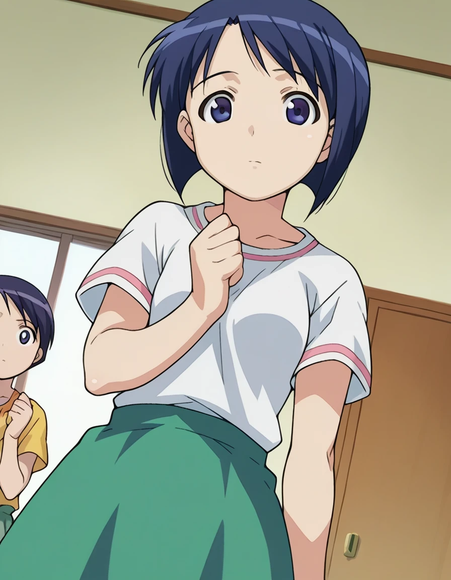 score_9, score_8_up, score_7_up, source_anime,
shinobumaehara, <lora:shinobu-maehara-ponyxl-lora-nochekaiser:1>,
shinobu maehara, short hair, blue eyes, blue hair,
skirt, shirt, short sleeves, green skirt,
indoors,
looking at viewer, dutch angle, cowboy shot,