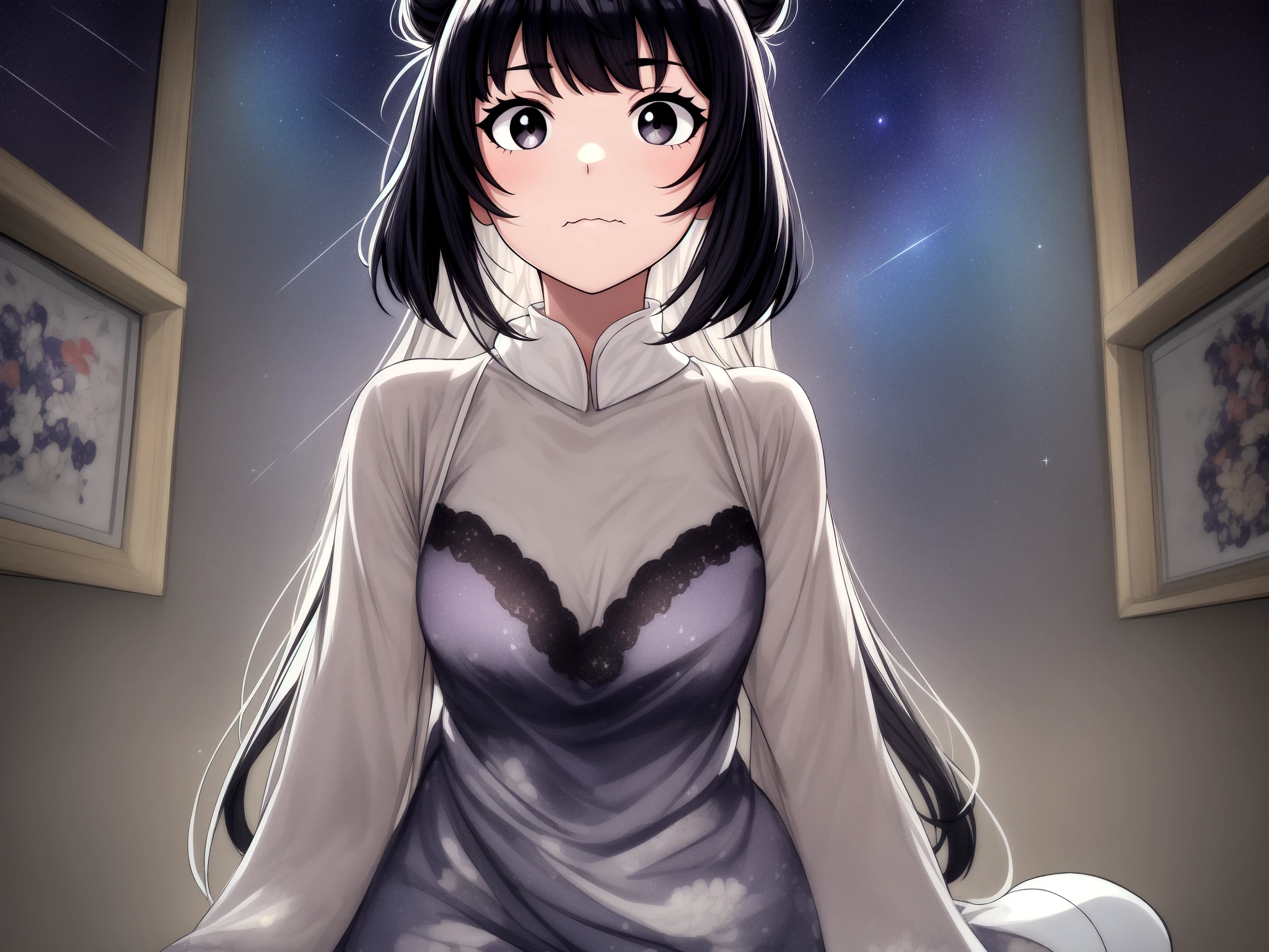 best quality, masterpiece, bold line, light silhouette,
creator:ilya-kuvshinov, view straight-on, shiro \(sewayaki kitsune no senko-san\), black hair, purple dress, sequin dress,(starry sky sequin print, glowing sequin dress), medium breasts, galaxy inside dress, black eyes, :3, hair bun,bangs, lace trim, white:latex-pantyhose, tiara, (starry white footwear), white see-through silhouette,
indoors,photo room, simple background, white background <lora:hyperdetailer_v095:0.5> <lora:deluster20.3> <lora:EnvyColdShower_v110.4>