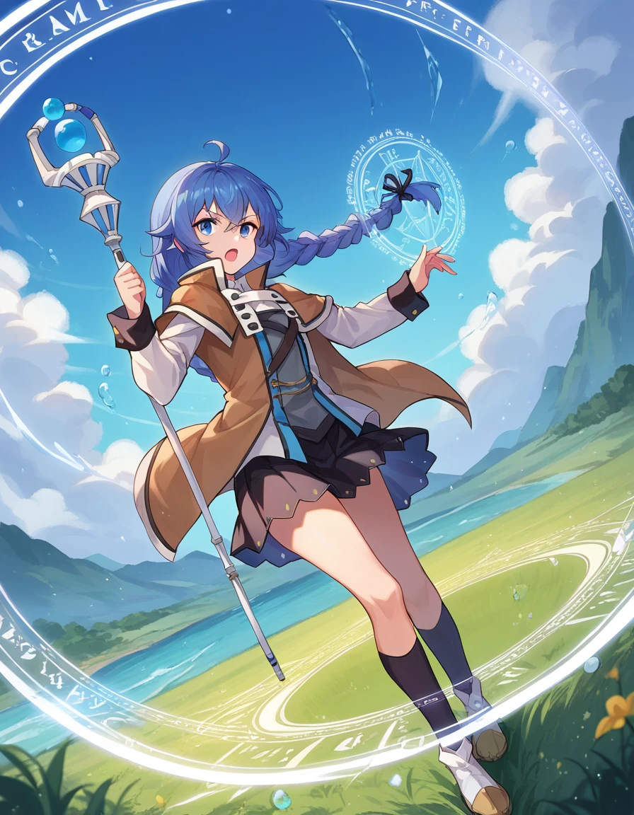 score_9, score_8_up, score_7_up, source_anime,
roxymigurdia, <lora:roxy-migurdia-ponyxl-lora-nochekaiser:1>,
roxy, ahoge, black ribbon, blue eyes, blue hair, braid, hair between eyes, hair ribbon, long hair, twin braids, very long hair, open mouth,
black legwear, black skirt, capelet, jacket, brown jacket, long sleeves, miniskirt, open clothes, open jacket, pleated skirt, skirt, white capelet, white footwear, white jacket, hat, witch hat,
outdoors, fields, dessert, oasis, fighting stance, magic, magic circle, staff, holding staff, water,
looking at viewer, cowboy shot, dutch angle,
