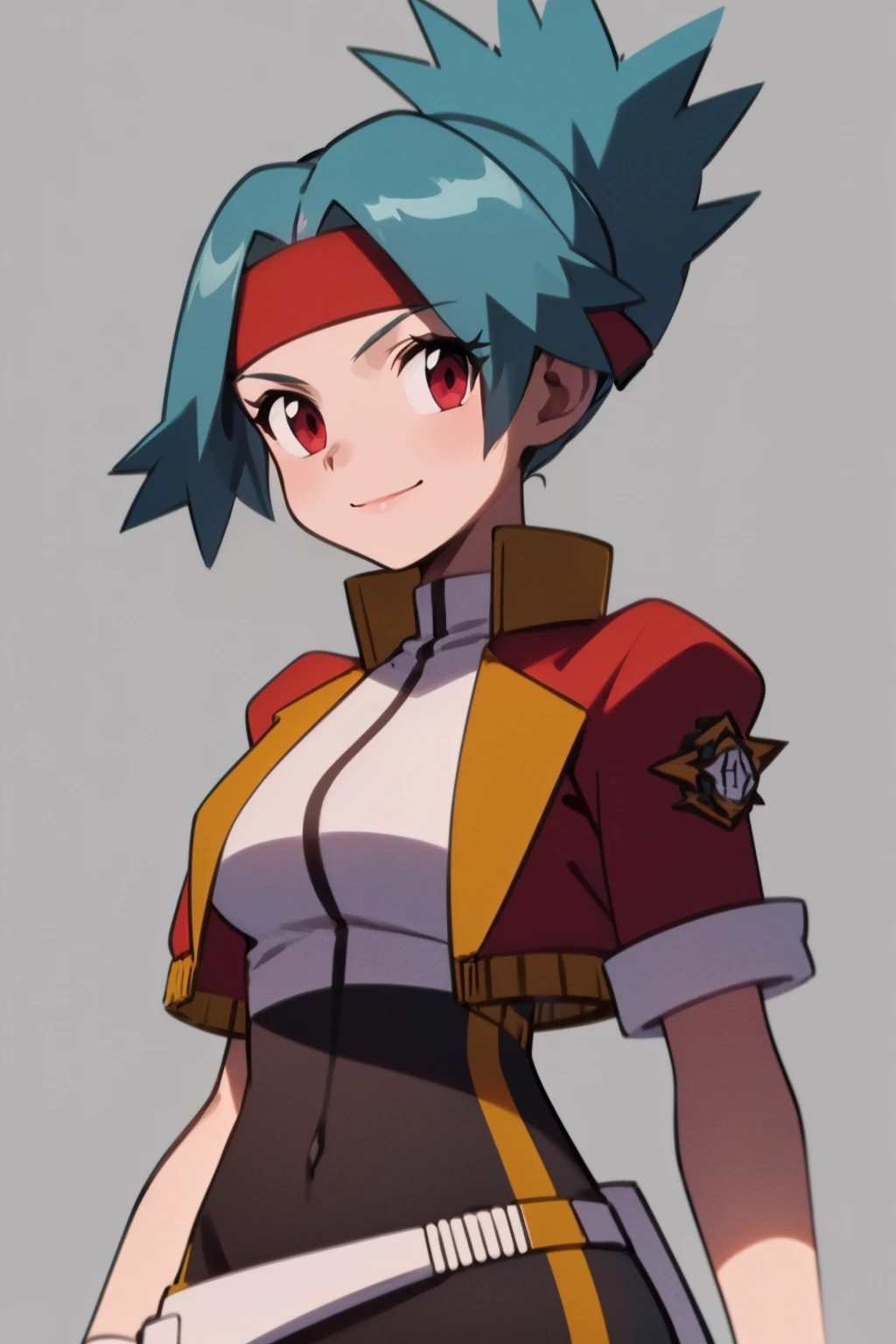 masterpiece, best quality,
1girl, solana, blue hair, ponytail, red eyes, belt, cropped jacket, headband, open jacket,red jacket,
upper body, smile, solo, looking at viewer, simple background <lora:Solana:1>