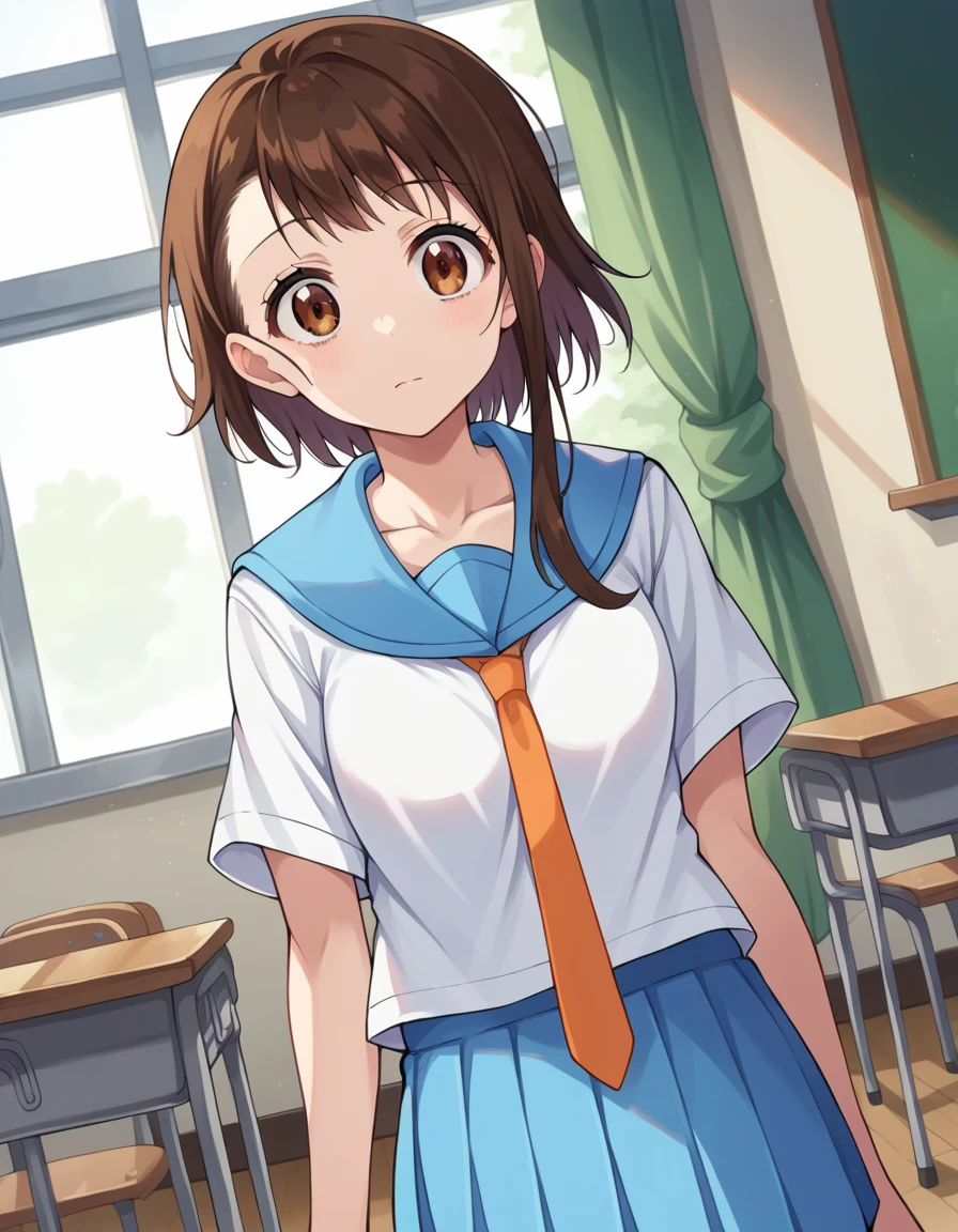score_9, score_8_up, score_7_up, source_anime,
kosakionodera, <lora:kosaki-onodera-ponyxl-lora-nochekaiser:1>,
kosaki onodera, short hair, bangs, brown hair, brown eyes, short hair with long locks, asymmetrical hair,
skirt, shirt, thighhighs, school uniform, collarbone, white shirt, pleated skirt, necktie, serafuku, sailor collar, blue skirt, blue sailor collar, orange necktie,
indoors, classroom,
looking at viewer, cowboy shot, dutch angle,
