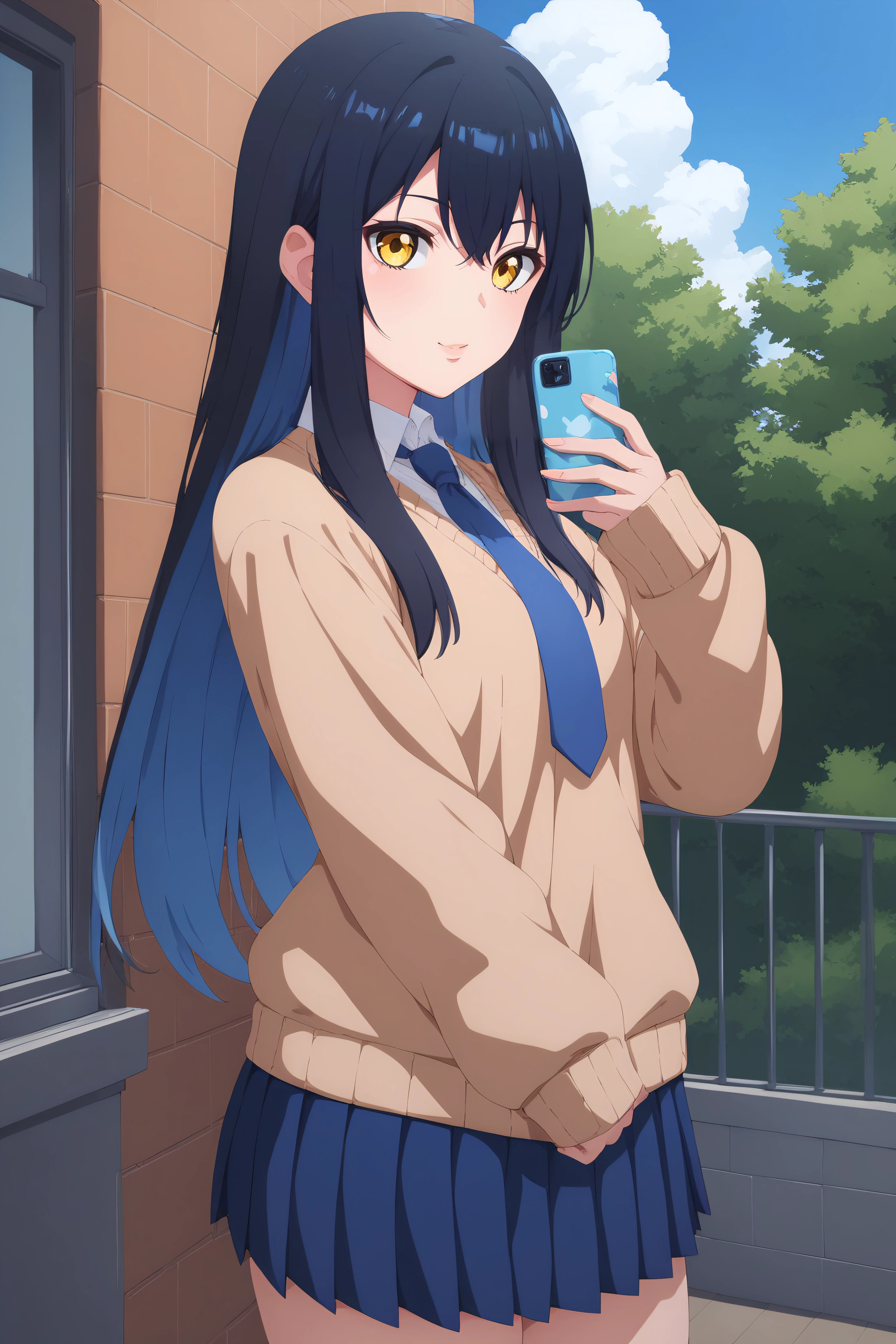 score_9, score_8_up, score_7_up, score_6_up, score_5_up, score_4_up, BREAK source_anime, <lora:miko yotsuya-PonyXL:0.8> miko yotsuya, yellow eyes, black hair, blue hair, multicolored hair, long hair, blue pleated skirt, beige sweater, blue necktie,