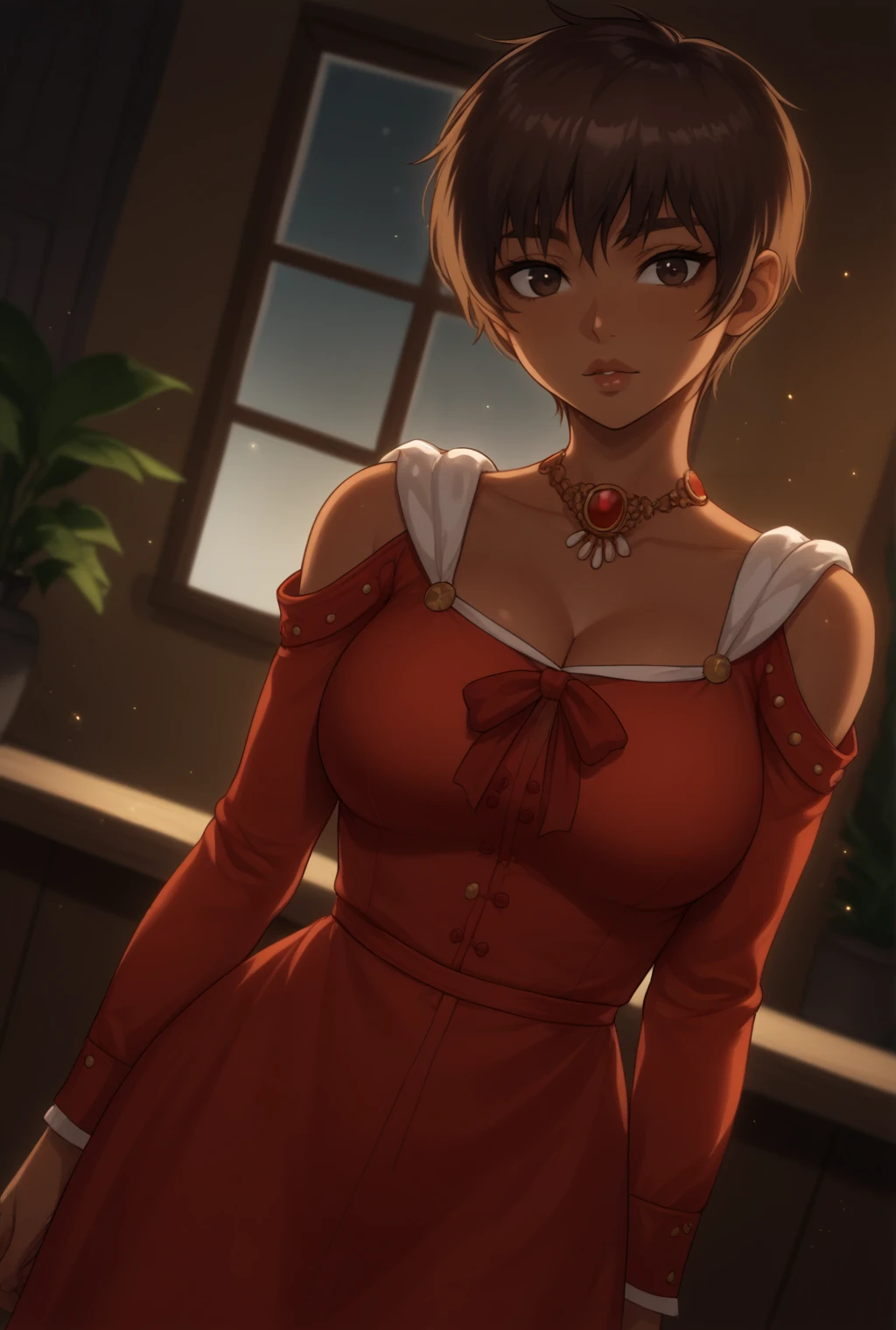 score_9, score_8_up, score_7_up, source_anime BREAK, solo, looking at viewer, cowboy shot, indoors, window, light particles, cinematic lightning, 
<lora:CascaPdxlDwnsty:1> Casca_Def, brown hair, short hair, lips, dark-skinned female,red dress, red skirt, long skirt, shoulder cutout, long sleeves, halterneck,
large breasts, cleavage, dutch angle, standing,