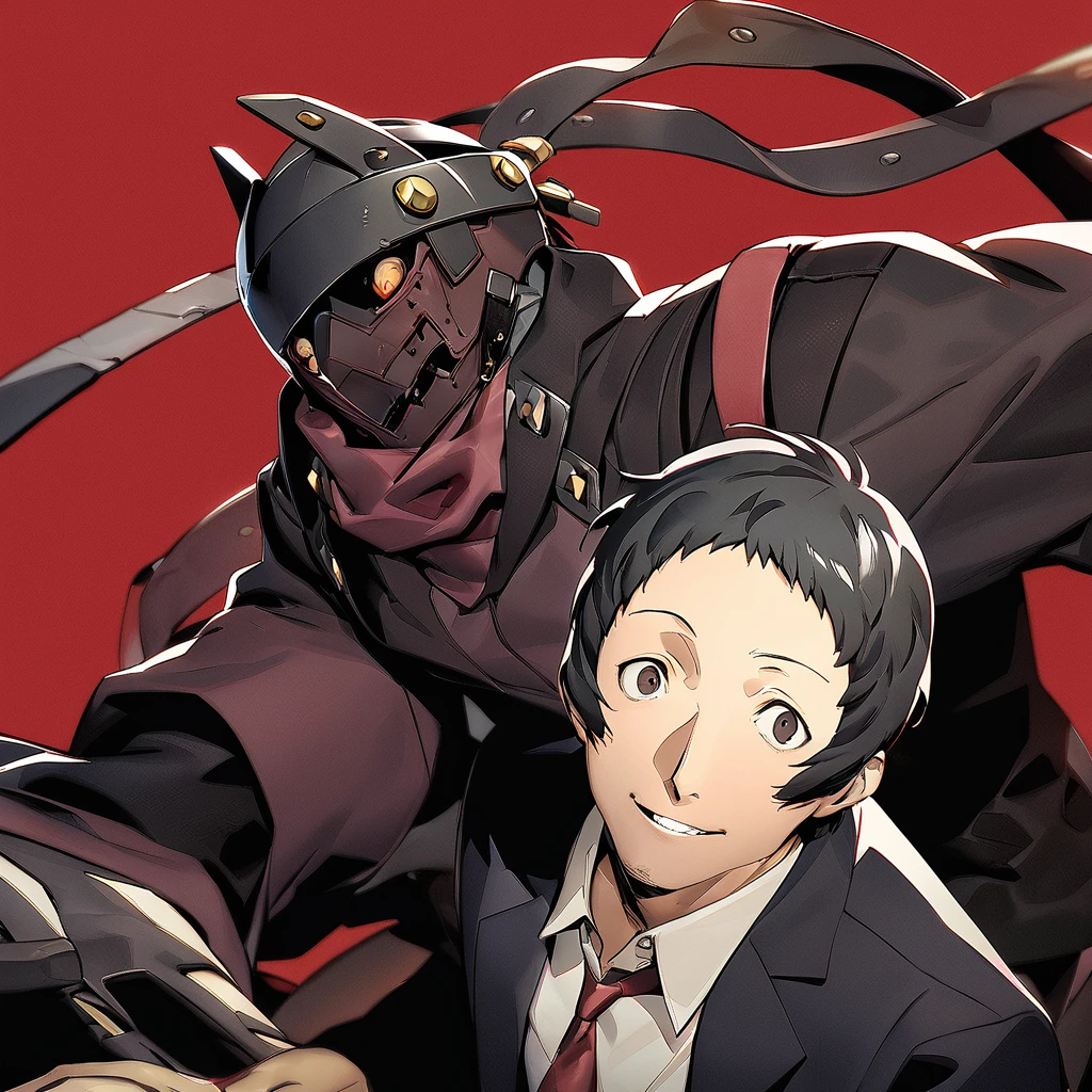 1boy, adachi tooru, red background, magatsu izanagi, upper body, looking at viewer, masterpiece, best quality, newest, persona, soejima shigenori, official art, <lora:persona_xl_a31_c-000002:1>
