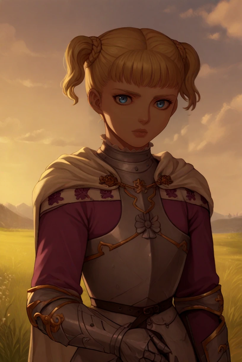 score_9, score_8_up, score_7_up, source_anime,solo, 1girl, looking at viewer, cowboy shot, 
<lora:FarnesePdxlDwnsty:1>, Farnese_Def, blonde hair, short hair,  twintails, lips, blue eyes, armor, gauntlets, breastplate, shoulder armor,
medieval, grass, cloudy sky, sunlight,