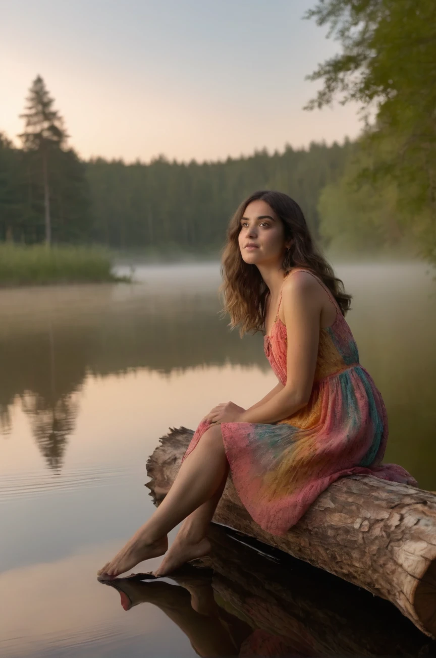 tv_Generic_25yo_Spanish, , calm expression, wearing a colorful sundress, sitting on a log at a misty forest pond, golden hour, shot from the side, , 8k resolution, highres, high detail, sharp focus, , 8k uhd,
