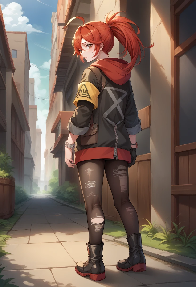 score_9, score_8_up, source_anime, 1girl, solo, AdrianaRivera, red hair, long hair, ponytail, brown eyes, necklace, black jacket, armband, red hoodie, partially unzipped, black shirt, black gloves, single glove, black pantyhose, torn pantyhose, black boots, outdoors, standing, from behind, looking back, <lora:ChamAdrianaRiveraPonyXL:1>