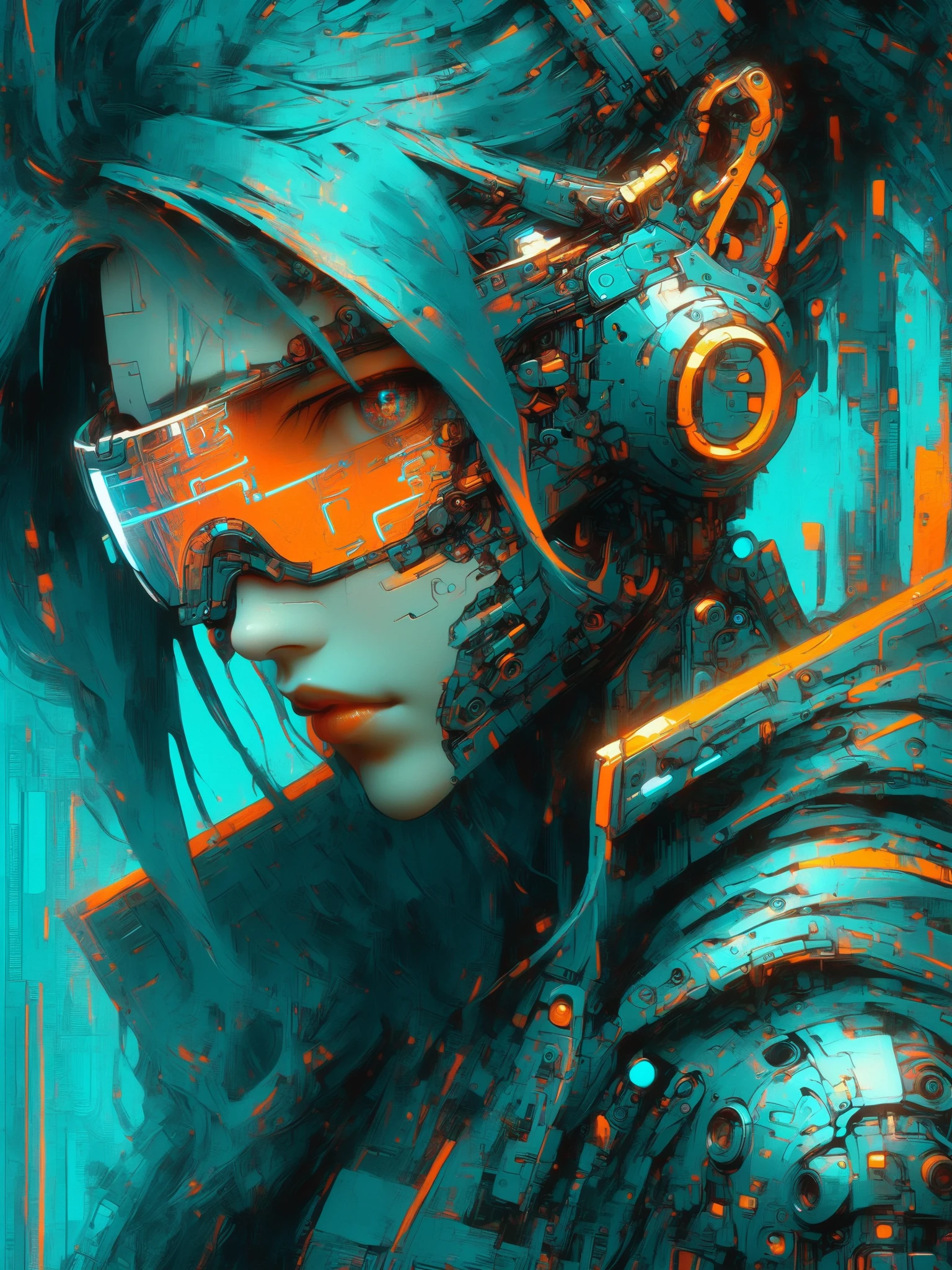 woman, mad-cybrpnkimprss, teal and orange, cyberpunk, impressionism, (masterpiece:1.2), best quality, (hyperdetailed, highest detailed:1.2), high resolution textures