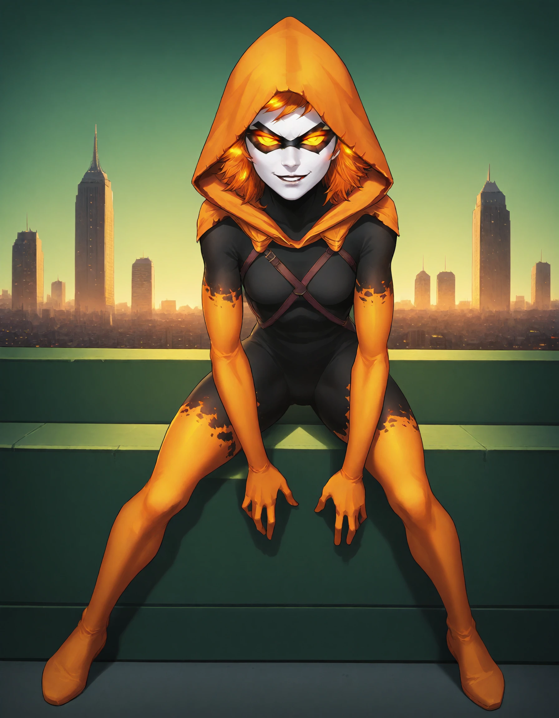 Hallows Eve, ((solo, solo focus)), glowing eyes, hood, 1girl, glowing, colored skin, yellow eyes, parted lips, hood up, white skin, orange eyes, mask, domino mask, looking at viewer, (seductive smirk), new york city scene background, full body, <lora:HallowsEveXL:1>