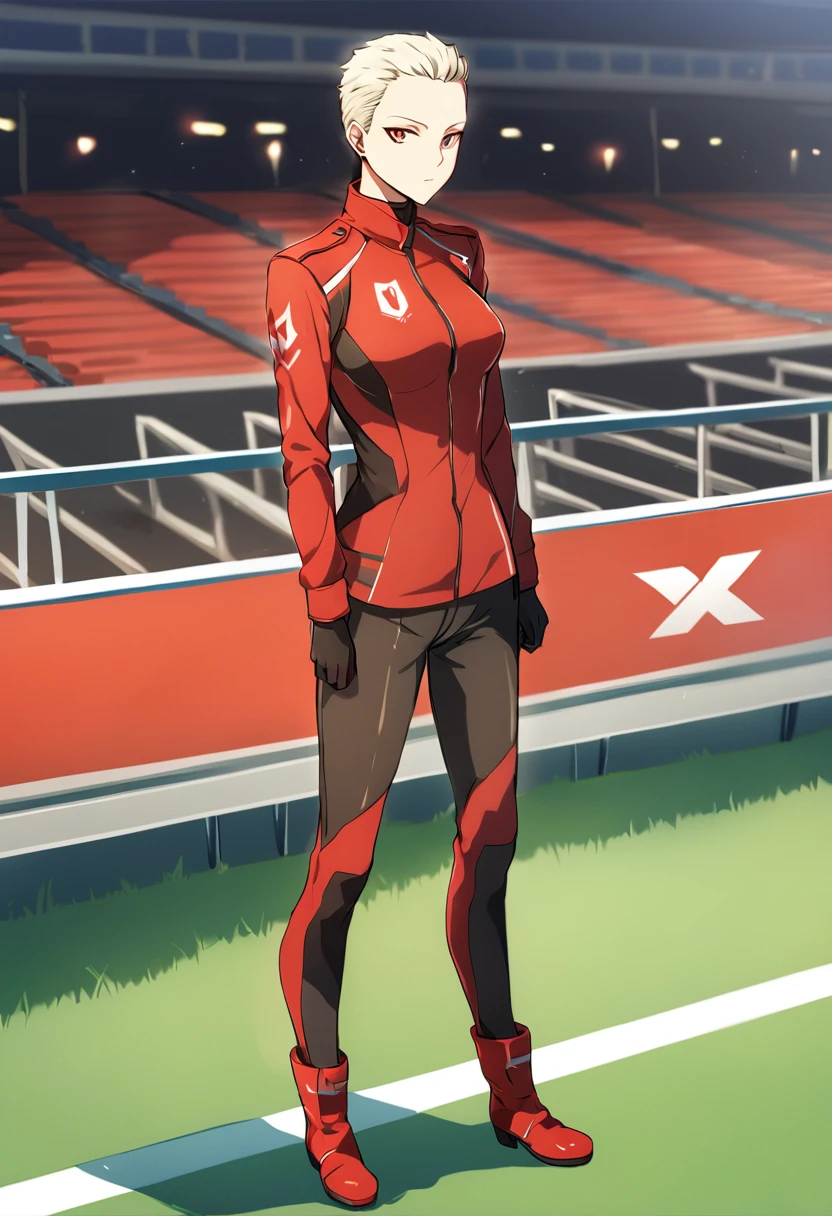 by carnelian,by wada_sachiko,mid,1girl,sierraknox,standing, <lora:SierraKnoxAM:0.85>,uniform,solo,red clothes,jacket,bodysuit,pants,boots,full body,expressionless,in stadium,buzz cut