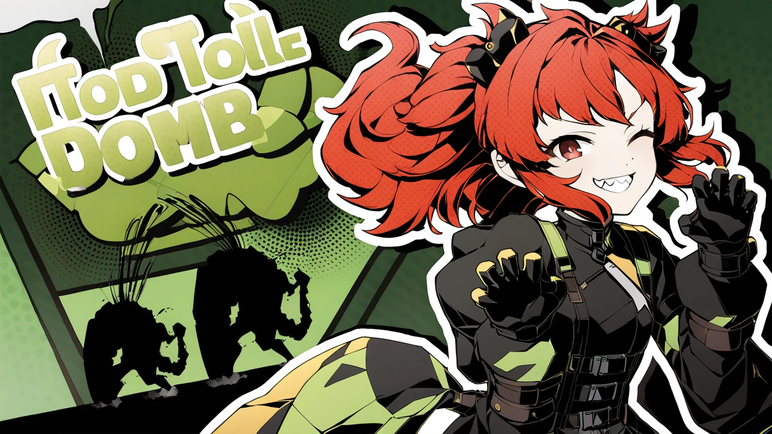 1girl,all out attacks,silhouette,english text,Little Devil,Red hair, blond eyes,claw pose ,Close one eye,Confident smile,newest,medium quality,general,masterpiece, <lora:p5_attacks_v0.2:1>