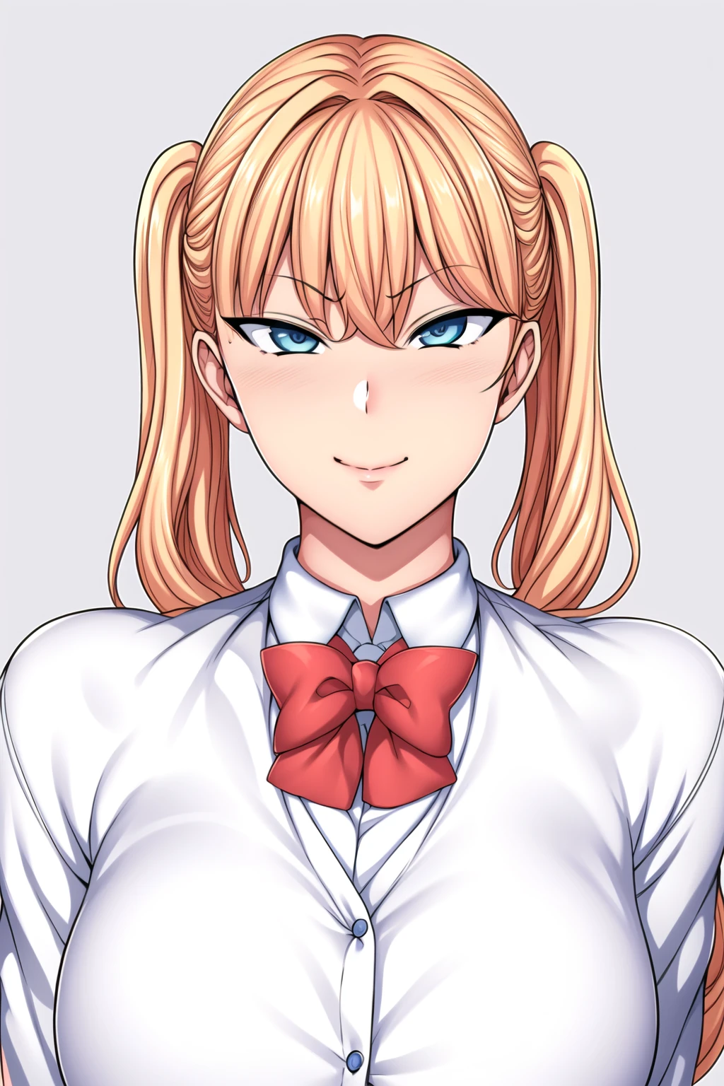 Simple White Background,
dynamic pose,standing at attention,
red bowtie, school uniform,cardigan, collared shirt, white shirt,long sleeves,
<lora:Suzuka_Hiiragi_SaiminSeishidou-KK77-V1:0.7>,
blue eyes, blonde hair,bangs,twintails, hair ornament,
<lora:Oda_Non_Style-KK77-V2:0.3>,<lora:Reika_Kurashiki_SaiminSeishidou-KK77-V2:0.2>,<lora:more_details:0.3>,
1 girl, 20yo,Young female,Beautiful long legs,Beautiful body,
Beautiful Nose,Beautiful character design, perfect eyes, perfect face,expressive eyes,perfect balance,
looking at viewer,(Focus on her face),closed mouth, (innocent_big_eyes:1.3),(Light_Smile:1.3),
official art,extremely detailed CG unity 8k wallpaper, perfect lighting,Colorful, Bright_Front_face_Lighting,White skin,
(masterpiece:1.0),(best_quality:1.0), ultra high res,4K,ultra-detailed,
photography, 8K, HDR, highres, absurdres:1.2, Kodak portra 400, film grain, blurry background, bokeh:1.2, lens flare, (vibrant_color:1.2),professional photograph,
(Beautiful,large_Breasts:1.4), (beautiful_face:1.5),(narrow_waist),
