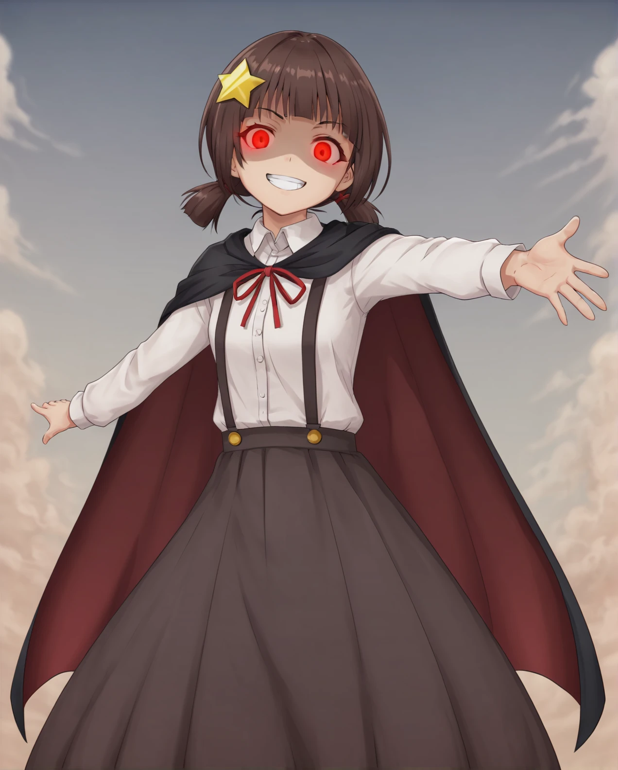 score_8_up, score_7_up, score_6_up, score_5_up, score_4_up, anime screenshot
<lora:Komekko (Autism SDXL):0.7> 1girl, komekko, star_hair_ornament, red eyes, twintails, brown_hair, blunt_bangs, standing, low ponytail, long skirt, suspender skirt, collared shirt, cape,
(mature female, aged up,:1.2)
head tilt, evil grin, stance, arm up, outstretched hand, glowing eyes, dark clouds, atmospheric perspective, official wallpaper, shaded face, whorled clouds, cloudy sky, meadow,