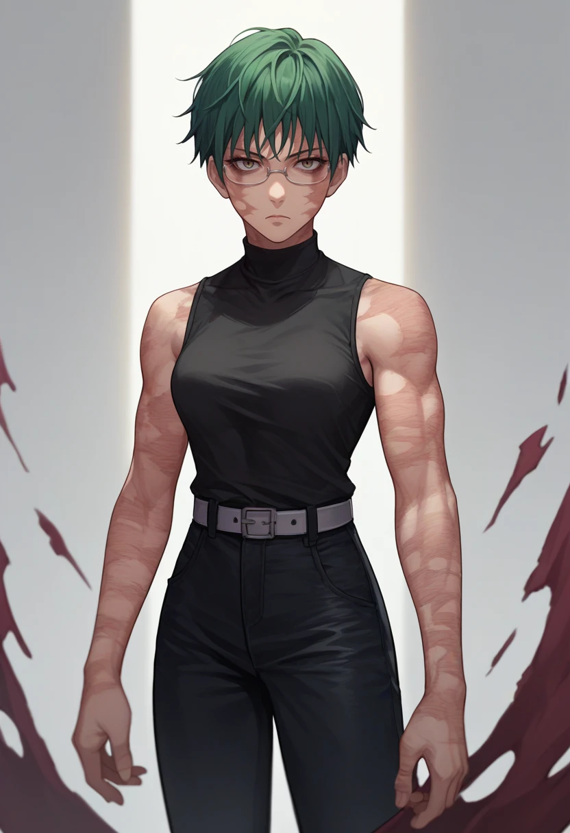 score_9, score_8_up, score_7_up, source_anime, white background, solo, 1girl, makishibuya, toned, expressionless, looking at viewer, standing, burn scar, short hair, green hair, glasses, black shirt, sleeveless, black pants, belt <lora:jjk_makizenin_ponyXL:1>