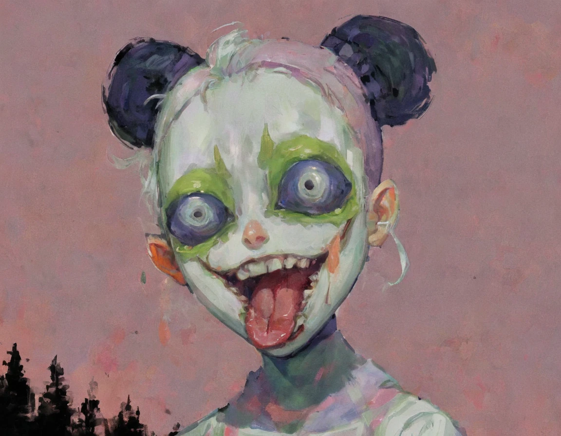 <lora:dosdiablosdos_100:1.0>, (dosdiablosdos:1.0), portrait painting, demon creature, creepy, simple background, 1girl, backpack, bag, bangs, blush, bob cut, brown eyes, brown hair, cardigan, copyright name, dress, flan \(f l an\), gen 8 pokemon, green headwear, grey cardigan, hat, highres, holding, long sleeves, looking at viewer, open mouth, pink dress, poke ball, pokemon \(creature\), short hair, smile, tam o' shanter