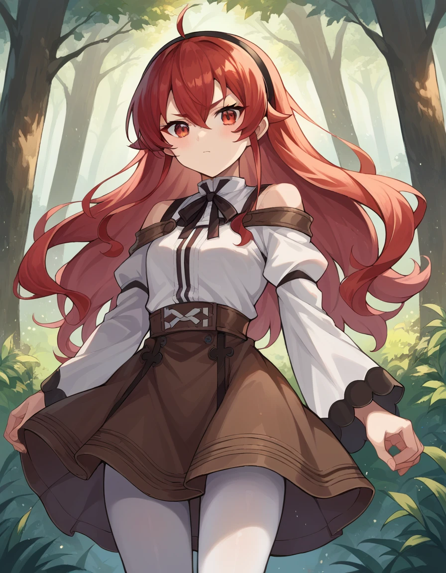 score_9, score_8_up, score_7_up, source_anime,
erisgreyrat, <lora:eris-greyrat-ponyxl-lora-nochekaiser:1>,
eris greyrat, ahoge, hair between eyes, long hair, red eyes, red hair, sidelocks,
black hairband, black ribbon, brown skirt, hairband, long sleeves, neck ribbon, pantyhose, ribbon, shirt, shoulder cutout, skirt, white pantyhose, white shirt, wide sleeves,
outdoors, forest, nature,
looking at viewer, cowboy shot, dutch angle,
