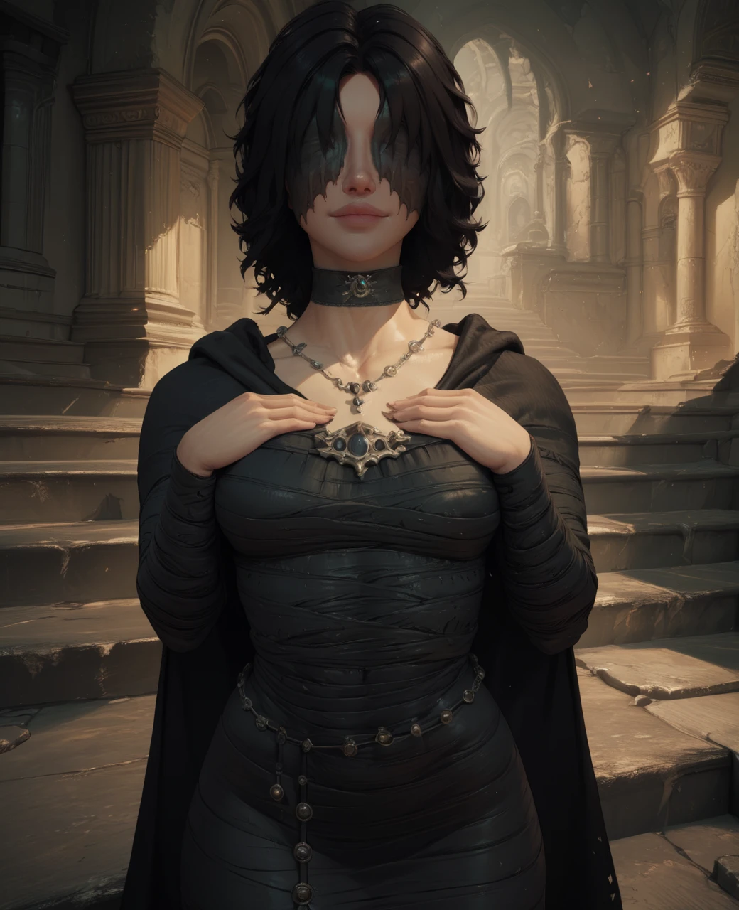 score_9,score_8_up,score_7_up,
MidenInBlack,black hair,lips,waxed covered eyes,
choker,necklace,black dress,cape,long sleeves,
light smile, hand on own chest,
stairs,magical ruins,indoors,
<lora:MaidenInBlack135:0.9>,v,
