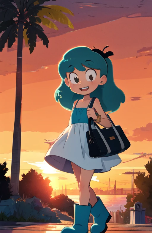 masterpiece, high quality, <lora:Hilda-Netflix_SD1-5 V1:1> Hilda, long hair, blue hair, smile, dress, sundress, bag, bracelet,blue boots, full body, flat chest, walkside, outdoors, sunset