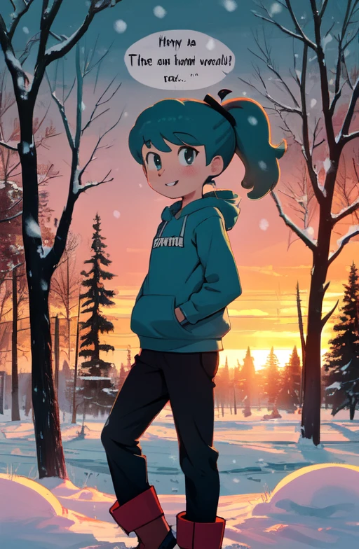 masterpiece, high quality, <lora:Hilda-Netflix_SD1-5 V1:1> Hilda, ponnytail, blue hair, smile, outdoors, english text, tree, snow, hoodie, boots, sunset, snow, pants, pants pull down, cleft of venus