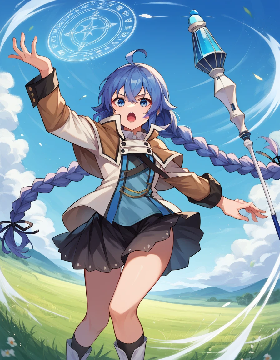 score_9, score_8_up, score_7_up, source_anime,
roxymigurdia, <lora:roxy-migurdia-ponyxl-lora-nochekaiser:1>,
roxy, ahoge, black ribbon, blue eyes, blue hair, braid, hair between eyes, hair ribbon, long hair, twin braids, very long hair, open mouth,
black legwear, black skirt, capelet, jacket, brown jacket, long sleeves, miniskirt, open clothes, open jacket, pleated skirt, skirt, white capelet, white footwear, white jacket,
outdoors, fields, dessert, oasis, fighting stance, magic, magic circle, staff, holding staff, wind,
looking at viewer, cowboy shot, dutch angle,