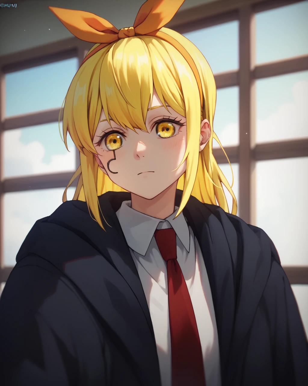 score_9, score_8_up, score_7_up,
<lora:Lemon_Irvine_PONY:1>,lemon irvine,1girl, solo, blonde hair, red necktie, skirt, long hair , yellow eyes, ribbon, hairband, hair ribbon, black pantyhose, shirt, black coat,black robe, school uniform, white shirt,upper body,close up,