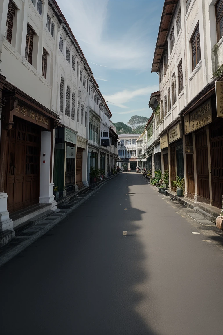 architecture, building, (shophouse), cityscape, scenery, Southeast Asia, George Town, Penang, vintage, historical, heritage, orange tiled roof, pedestrian arcade, narrow facade, long windows, no humans, road, perfect proportions, perfect perspective, 8k, masterpiece, best quality, high_resolution, high detail, photorealistic