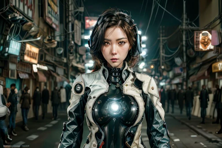 excellent image focus,artificial intelligence,in a robotic body,(full-length),fulfills the function of personal security, beautiful face,sparks in the eyes, sexy expression,weapon ((pistol)), rifle, submachine gun, machine gun,driving a (motorcycle) through the streets of a densely populated city