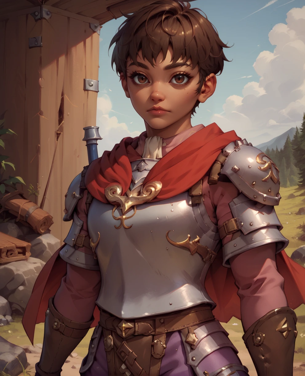score_9,score_8_up,score_7_up,
cascaxl,brown eyes,brown hair,short hair,
armor,shoulder pads,red cape,purple pants,
standing,upper body,
camp,plains,looking at viewer,
<lora:cascaXL:0.8>,