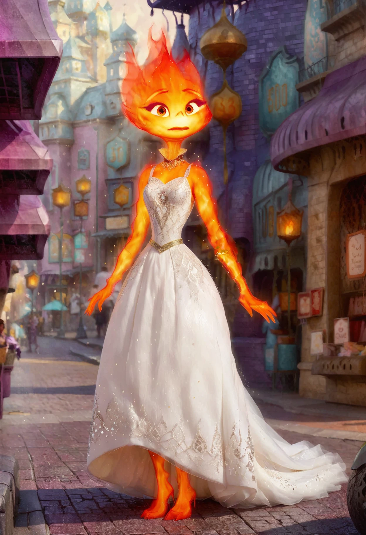 concept art a full body (disney studio Ember:1.1) wearing a white wedding dress at city streets <lora:Ember:1>, digital artwork, illustrative, painterly, matte painting, highly detailed