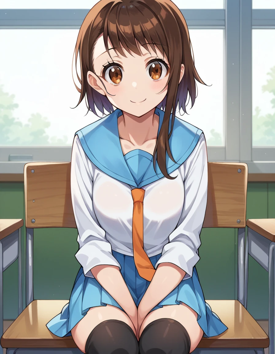 score_9, score_8_up, score_7_up, source_anime,
kosakionodera, <lora:kosaki-onodera-ponyxl-lora-nochekaiser:1>,
kosaki onodera, short hair, bangs, brown hair, brown eyes, short hair with long locks, asymmetrical hair, smile,
skirt, shirt, thighhighs, school uniform, collarbone, white shirt, pleated skirt, necktie, serafuku, sailor collar, blue skirt, blue sailor collar, orange necktie,
indoors, classroom, sitting, chair, desk,
looking at viewer, cowboy shot, dutch angle,