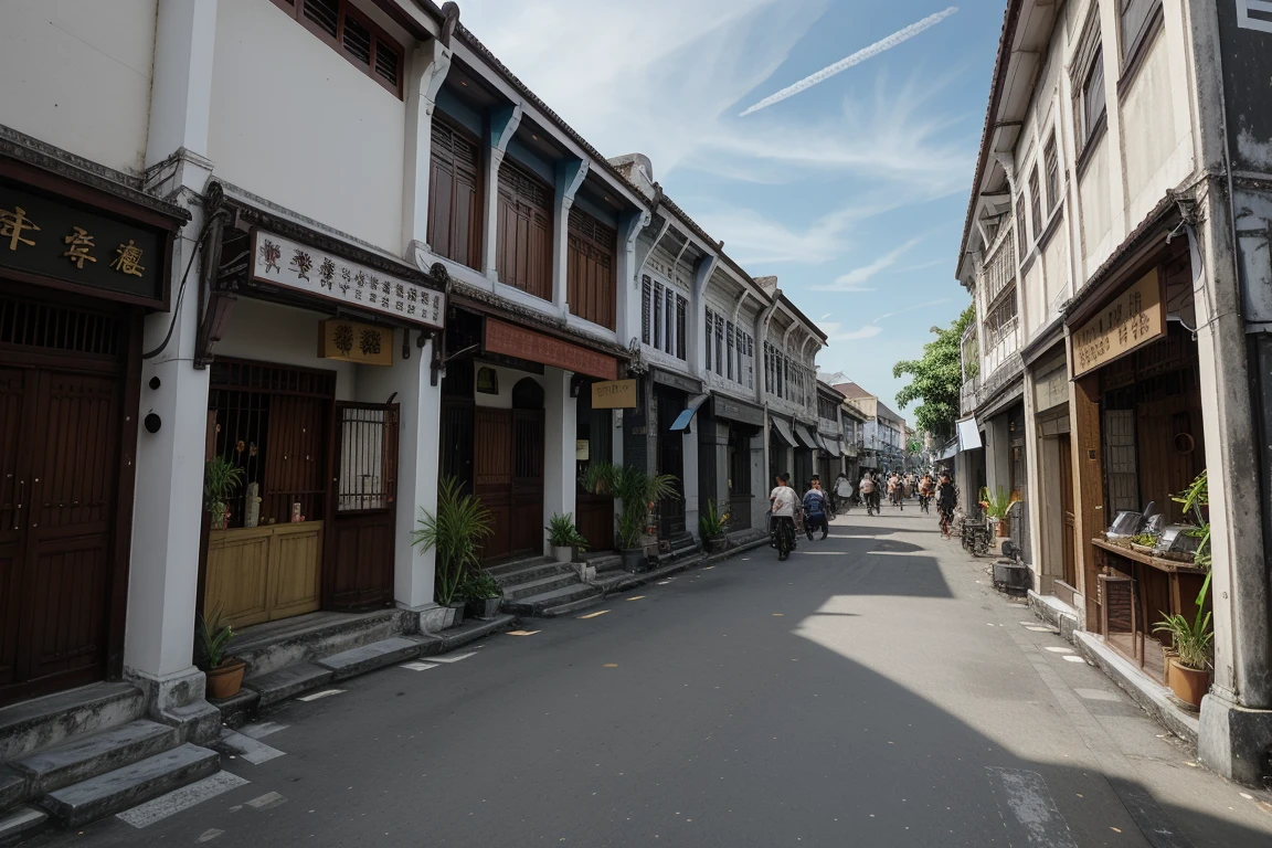 architecture, building, (shophouse), cityscape, scenery, Southeast Asia, George Town, Penang, vintage, historical, heritage, orange tiled roof, pedestrian arcade, narrow facade, long windows, people, crowd, street vendors, lane, perfect proportions, perfect perspective, 8k, masterpiece, best quality, high_resolution, high detail, photorealistic,Masterpiece