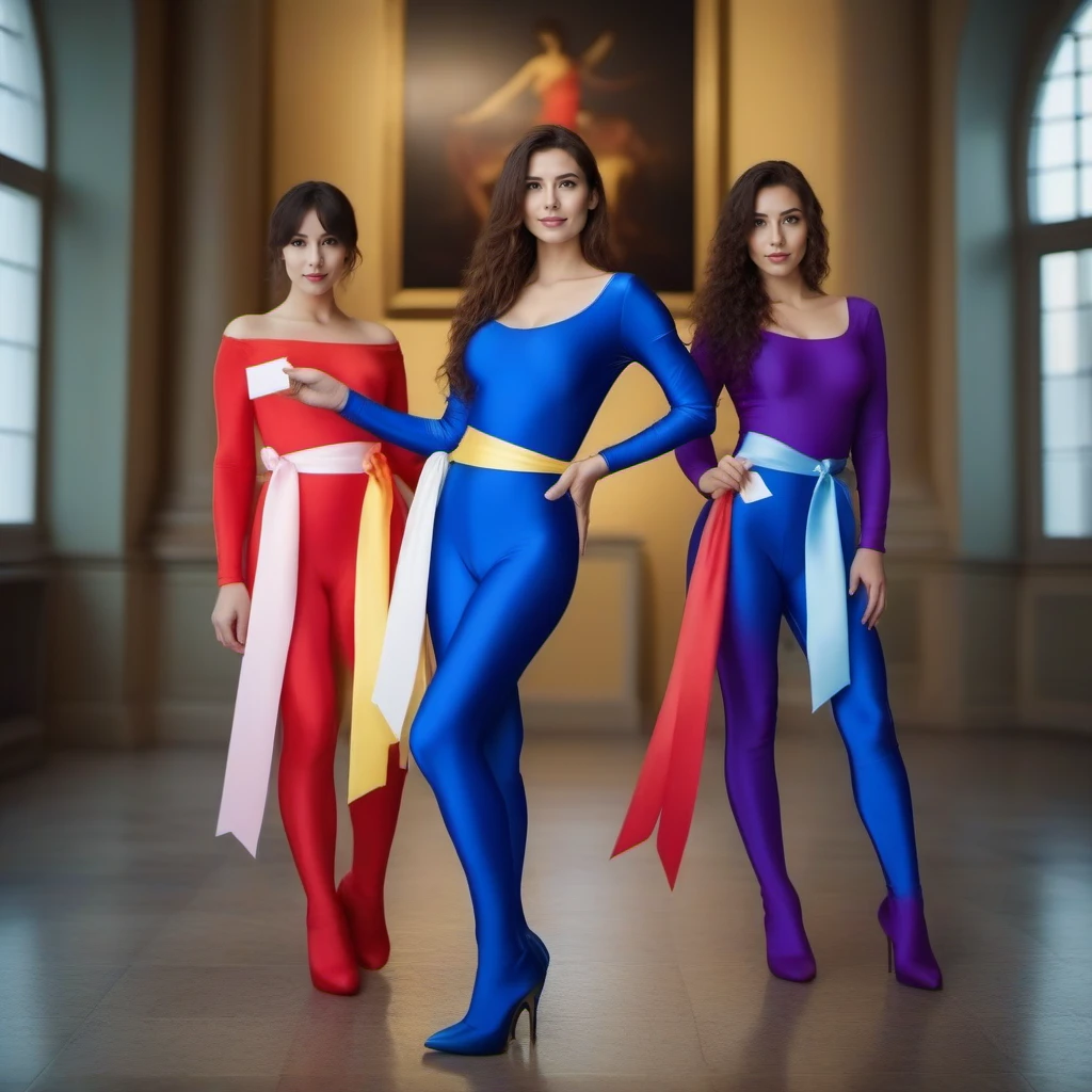 cinematic photo a full body three woman dressed colorfull bodysuit and ribbon belt in a museum throws a small white card <lora:Catseye1024-000210:0.8> . 35mm photograph, film, bokeh, professional, 4k, highly detailed