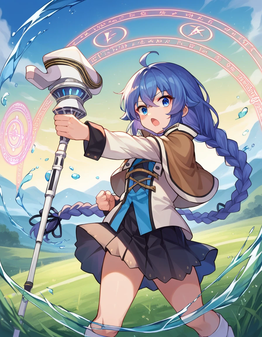 score_9, score_8_up, score_7_up, source_anime,
roxymigurdia, <lora:roxy-migurdia-ponyxl-lora-nochekaiser:1>,
roxy, ahoge, black ribbon, blue eyes, blue hair, braid, hair between eyes, hair ribbon, long hair, twin braids, very long hair, open mouth,
black legwear, black skirt, capelet, jacket, brown jacket, long sleeves, miniskirt, open clothes, open jacket, pleated skirt, skirt, white capelet, white footwear, white jacket, hat, witch hat,
outdoors, fields, dessert, oasis, fighting stance, magic, magic circle, staff, holding staff, water,
looking at viewer, cowboy shot, dutch angle,