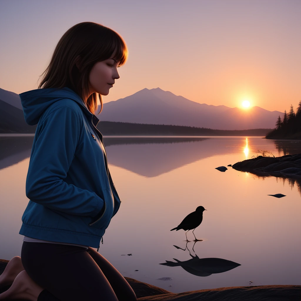 rating_sfw, IRL, tranquil lakeside, dawn light softly illuminating the scene, lone photographer (1woman, short brown hair, wearing a loose-fitting blue jacket, kneeling to capture the perfect shot, camera aimed at the rising sun, serene expression), reflections on water, mist hovering over the lake, silhouette of distant mountains, early morning birds in flight
